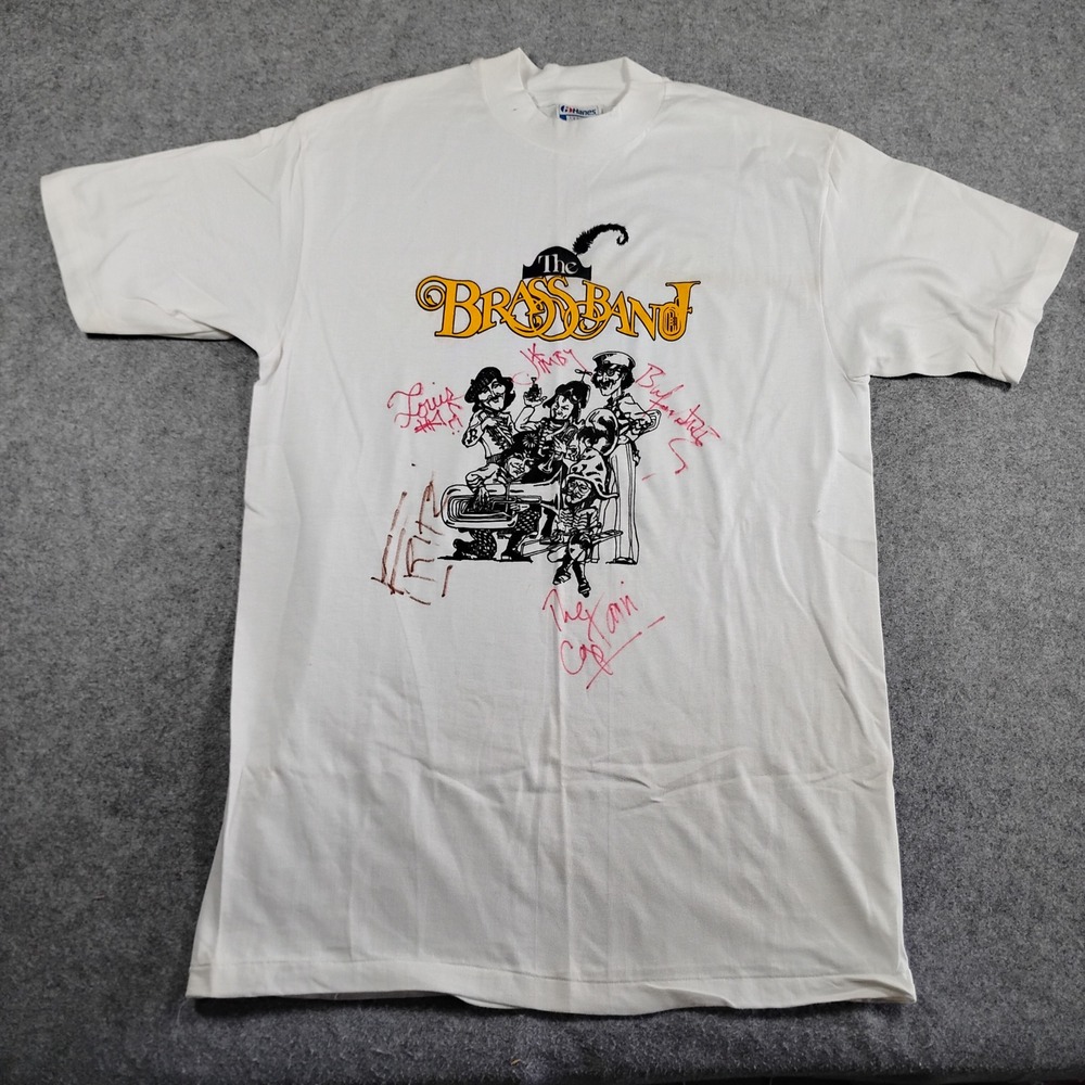 Vintage Hanes Beefy-T The Brass Band Signed Graphic T-Shirt White Mens Large USA